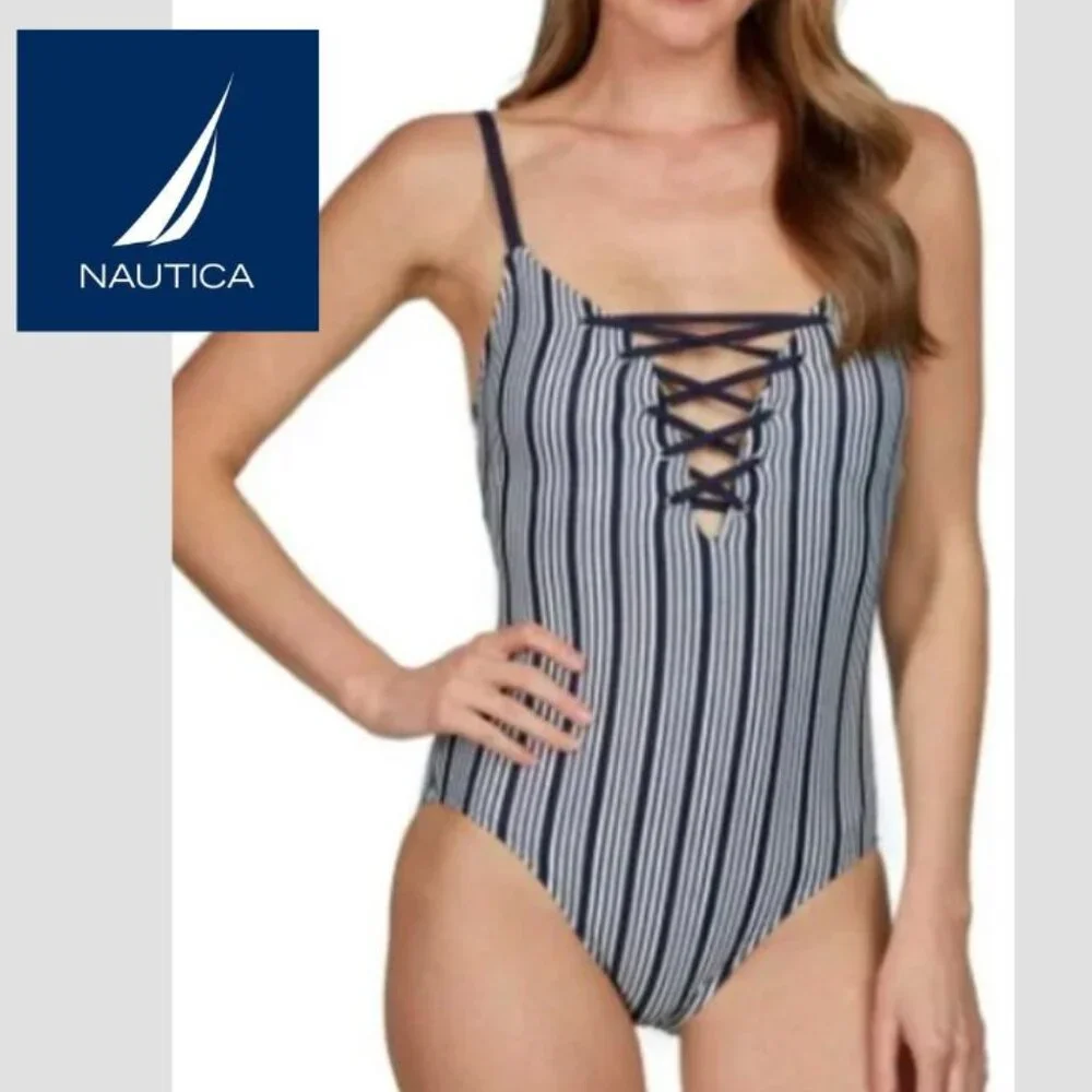 NWT Nautica Slimming Striped Adj. Straps 1-Piece Swimsuit Blue SZ SMALL Cruise
